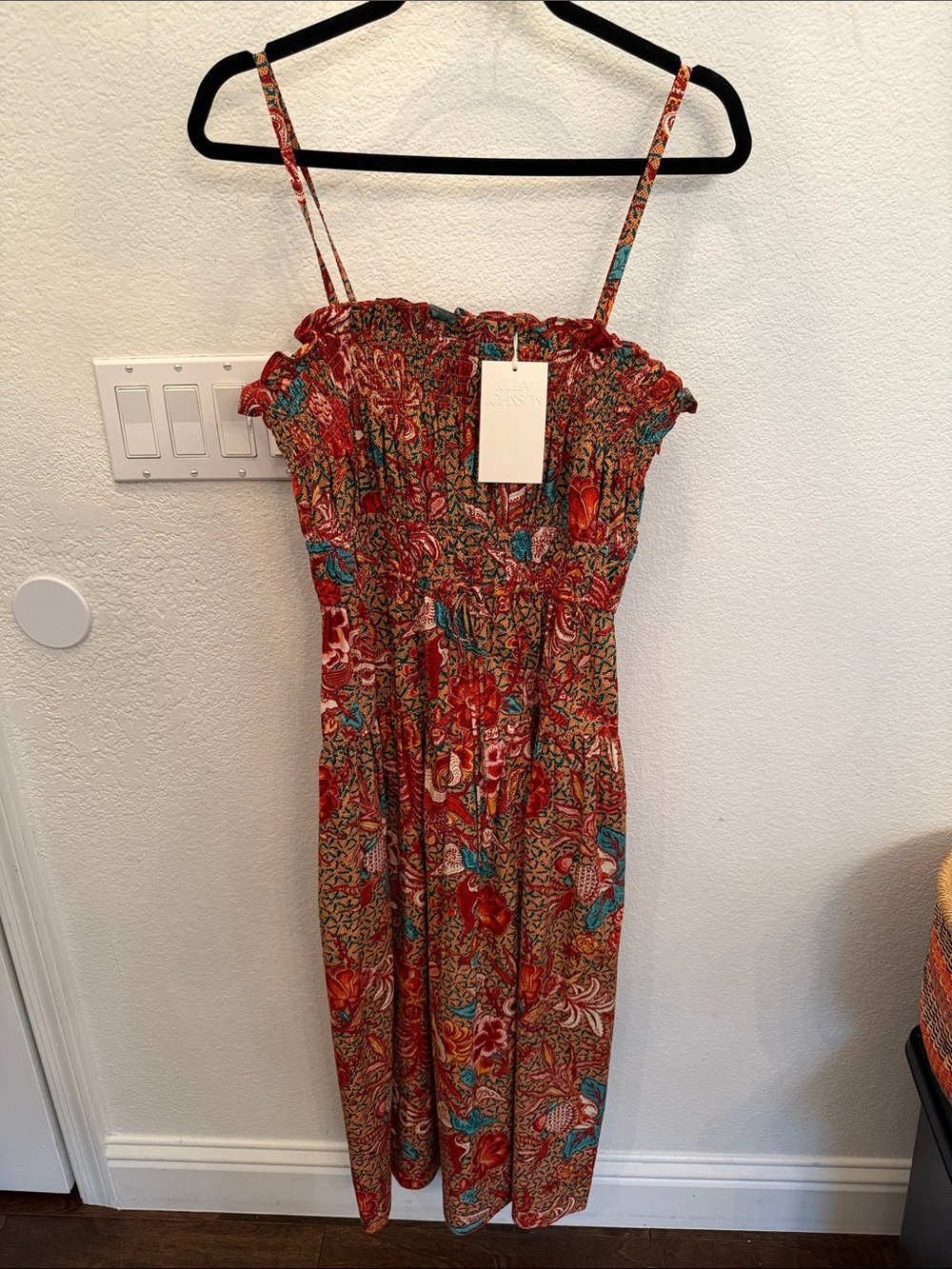 Ulla Johnson Red Floral Smocked Midi Dress with Teal Accents